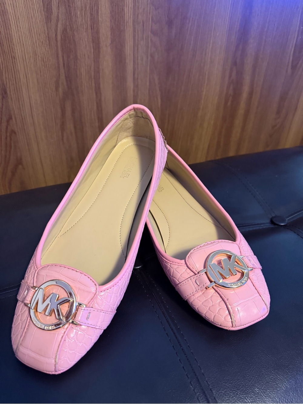 Michael Kors Pink Croc-Embossed Logo Flats